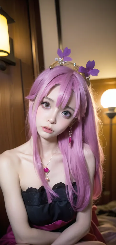 The image shows a young woman with pink hair and purple eyes. She is wearing a black and purple dress with a sweetheart neckline. There is a flower crown on her head and a necklace around her neck. She is sitting in a bedroom with a lamp on the nightstand behind her.