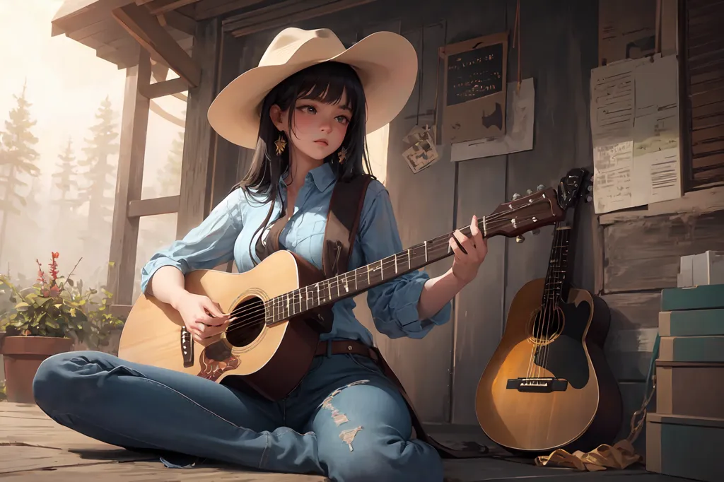 A young woman is sitting on the porch of a wooden house playing an acoustic guitar. She is wearing a white cowboy hat, a blue button-down shirt, and jeans. There is another guitar standing beside her. There are some papers and photos attached to the wall behind her.