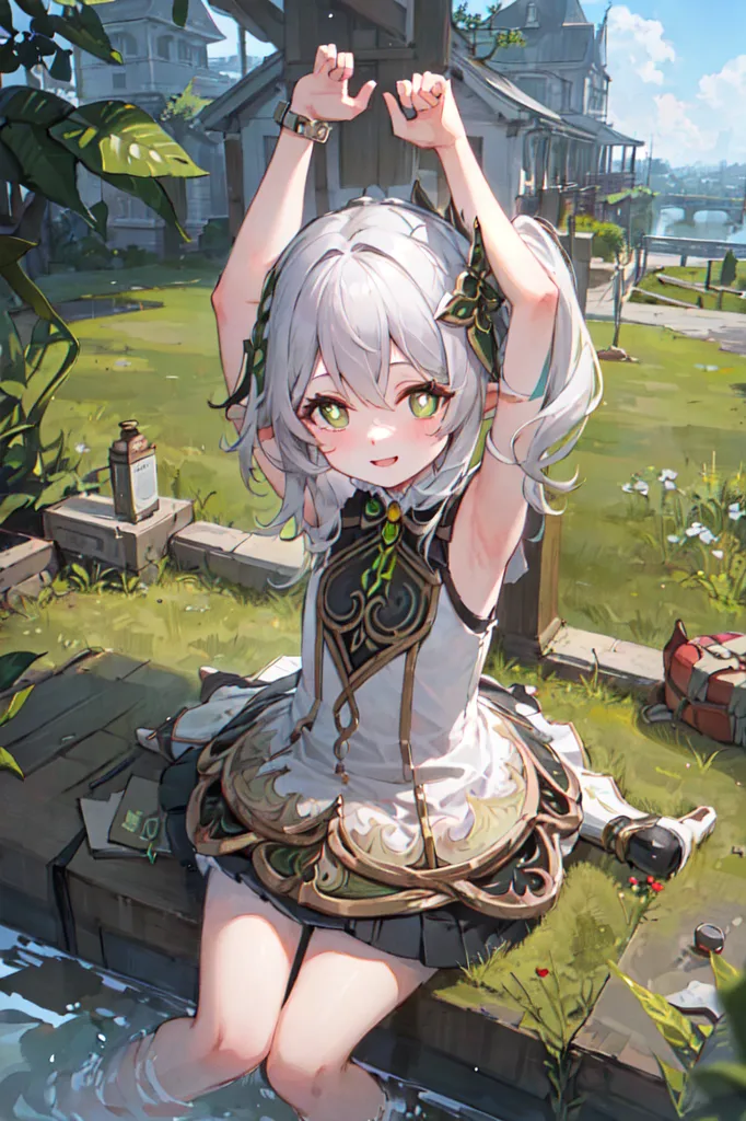 The image is of a young girl with white hair and green eyes. She is wearing a white dress with a green skirt and a brown belt. She is sitting on a wooden dock in a forest. There is a small stream of water to her left. The girl is smiling and has her arms raised in the air. She is surrounded by green plants and flowers. In the background is a stone building with white windows and a grey roof.