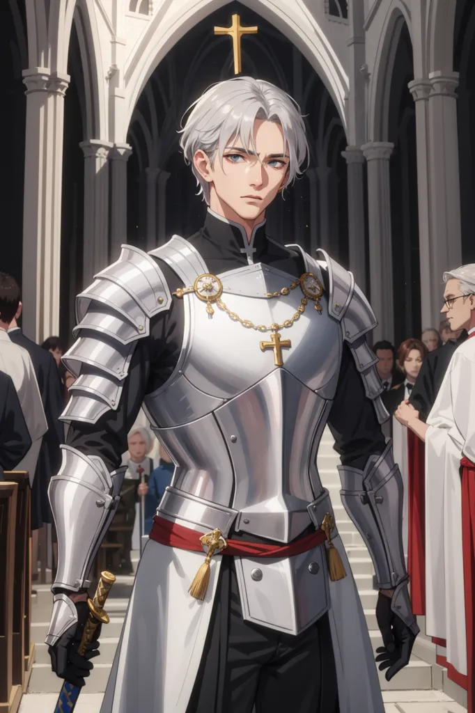 The image is of a young man with white hair and silver eyes. He is wearing a white and red surcoat over a suit of silver armor. He is also wearing a red sash and a gold necklace with a cross on it. He is standing in a church, and there are people in the background. The man has a sword in his hand.