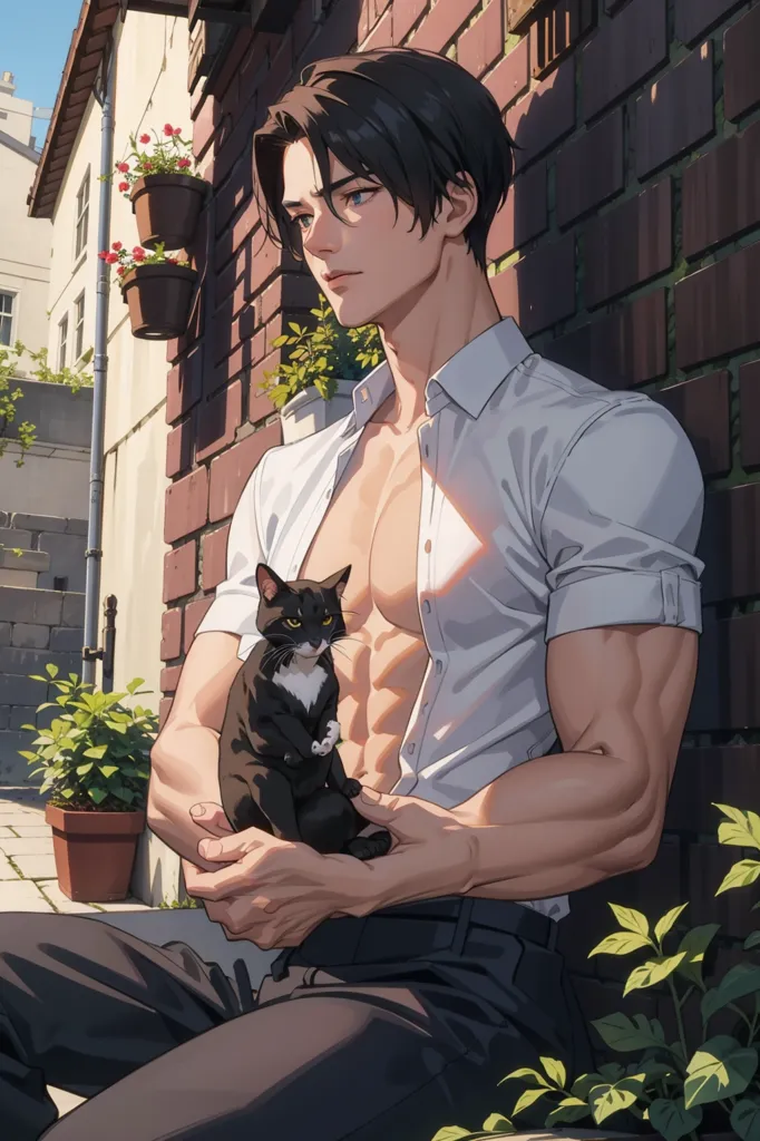 The image is of a man with short black hair and blue eyes. He is wearing a white shirt that is unbuttoned, showing his muscular chest. He is also wearing black pants. He is sitting on a ledge with a black cat in his lap. The cat has one paw on the man's chest and is looking up at him. There are plants and flowers in the background. The man has a thoughtful expression on his face.