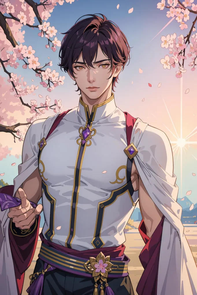 The image is of a handsome young man with brown hair and golden eyes. He is wearing a white shirt with a purple sash and a purple cape. He is standing in front of a cherry blossom tree, and there are cherry blossoms falling around him. The background is a blur of pink and white cherry blossoms. The man has a gentle smile on his face, and he looks like he is enjoying the beauty of the cherry blossoms.