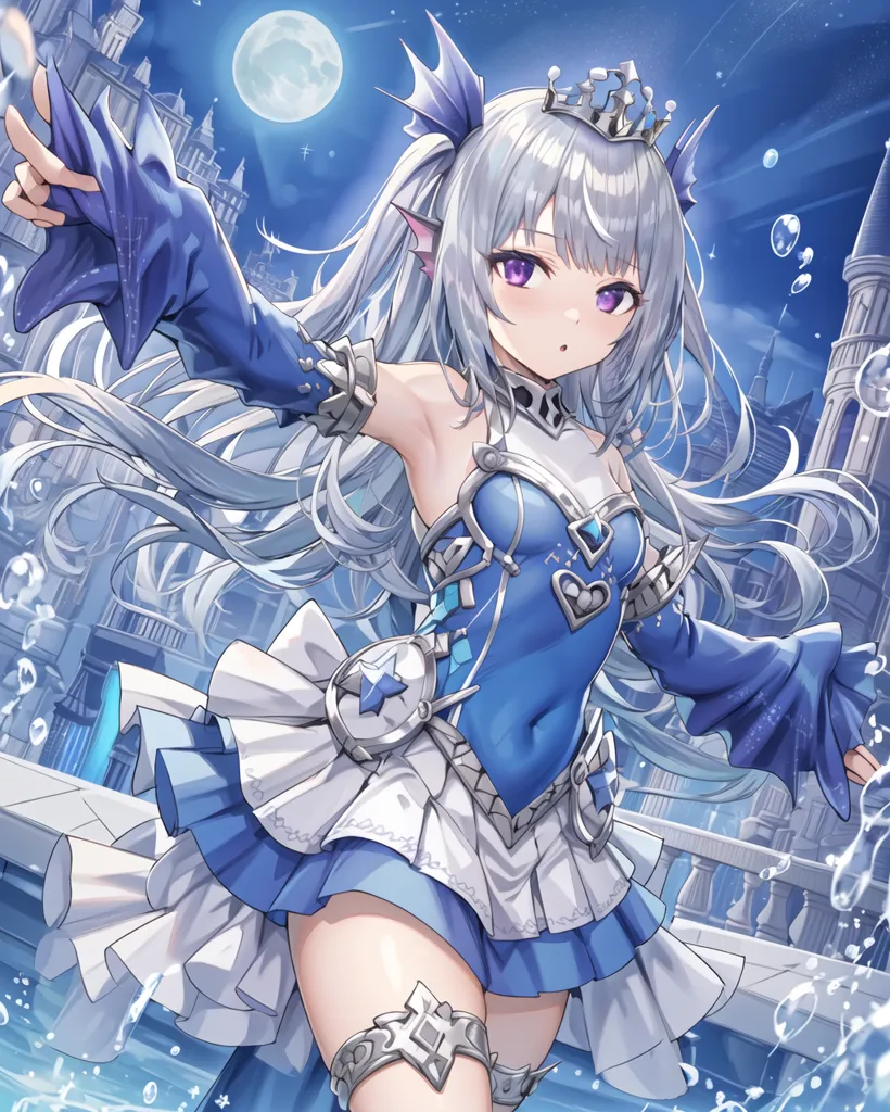 The picture shows a girl with long silver hair and purple eyes. She is wearing a blue and white dress with a crown on her head. She is standing on a stone balcony with a cityscape and a large moon in the background.