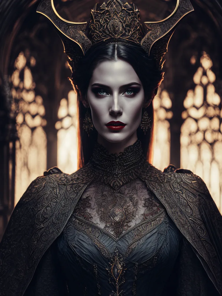 Esta imagem mostra uma mulher, presumivelmente uma vampira, com cabelos pretos longos, lábios vermelhos e pele pálida. Ela está usando um vestido preto elaborado com um colarinho alto e uma coroa dourada. O vestido tem detalhes intrincados em prata e ouro. Ela está em pé diante de um fundo escuro com uma janela de vitral à sua direita.