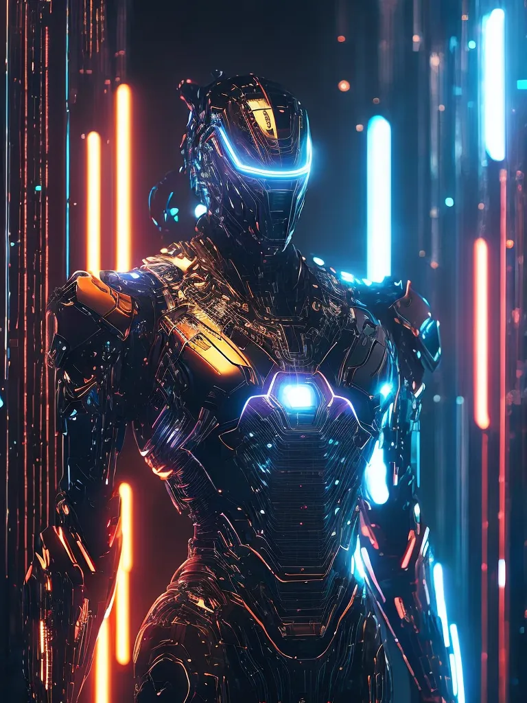 The image shows a robot standing in a dark place. The robot is made of metal and has a glowing blue and yellow core. There are blue and orange lights in the background. The robot is wearing a helmet and has a glowing blue visor.