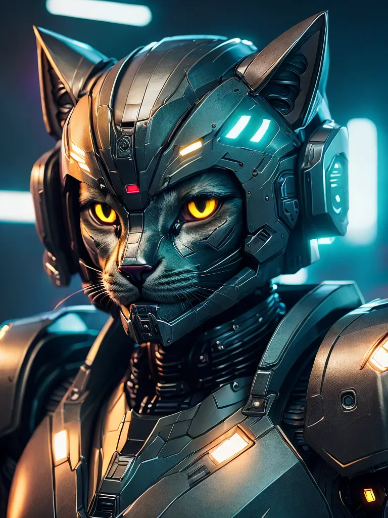 The image shows a cat wearing a black and gray metal suit of armor. The armor has yellow glowing eyes and a red light on the forehead. The cat is looking at the viewer with its head turned slightly to the right. The background is dark with some blue and white lights in the background.