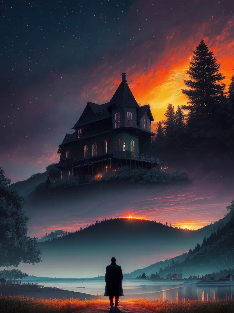 The image is a beautiful landscape painting. The sky is a deep orange, and the trees a dark green. The house is a large, dark Victorian-style house with a wraparound porch and a widow's walk on the roof. The painting is done in a realistic style, and the artist has used light and shadow to create a sense of depth and atmosphere. The painting is also very detailed, and the artist has included many small details, such as the trees and the grass. The overall effect of the painting is one of beauty and mystery.