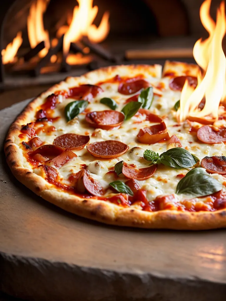 A pizza sits on a table in front of a fire. The pizza has a crispy crust, melted cheese, and pepperoni. The fire is orange and yellow, and it is reflected on the pizza. The pizza looks delicious.