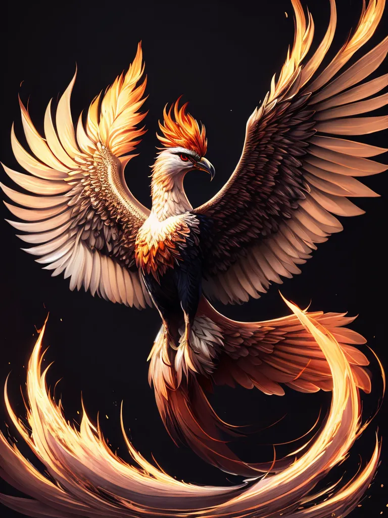 The image is a painting of a phoenix, a mythical bird that is said to be a symbol of hope and renewal. The phoenix is depicted as a large, majestic bird with fiery feathers. It is standing on a bed of flames, and its wings are outstretched. The background is dark, but the phoenix is brightly lit, creating a sense of contrast and drama. The painting is done in a realistic style, and the artist has used great detail to render the feathers and the flames. The overall effect is one of beauty and power.