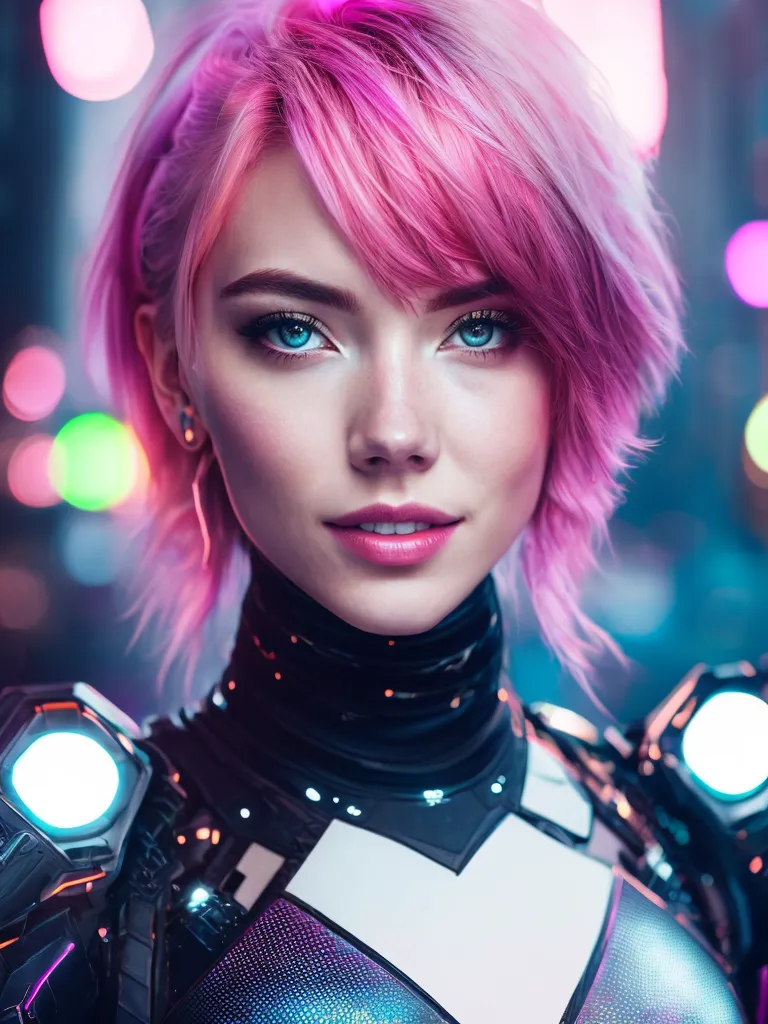 The image shows a beautiful young woman with pink hair and blue eyes. She is wearing a black and white bodysuit with a high collar. The bodysuit has several glowing white lights on the shoulders and chest. The woman's hair is short and styled in a choppy bob with bangs. Her eyes are almond-shaped and her lips are full. She is looking at the viewer with a slight smile. The background is a blur of city lights.