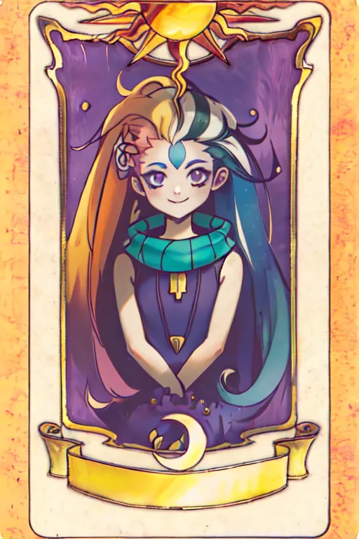 Esta imagen es de un personaje llamado Zoe del videojuego League of Legends. Se la representa como una niña joven con cabello largo y ondulado que se divide en dos colores, dorado y azul. Lleva un vestido morado con un cuello blanco y una media luna en el pecho. También tiene un sol dorado en la cabeza. El fondo de la imagen es de color amarillo claro y hay un marco a su alrededor decorado con estrellas y lunas.