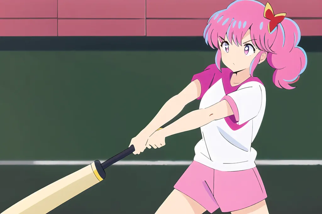 A young girl with pink hair is swinging a baseball bat. She is wearing a white and pink striped shirt, pink shorts, and a pink bow in her hair. She has a determined look on her face, and she seems to be enjoying herself. The background is a green field, and there is a fence in the distance.