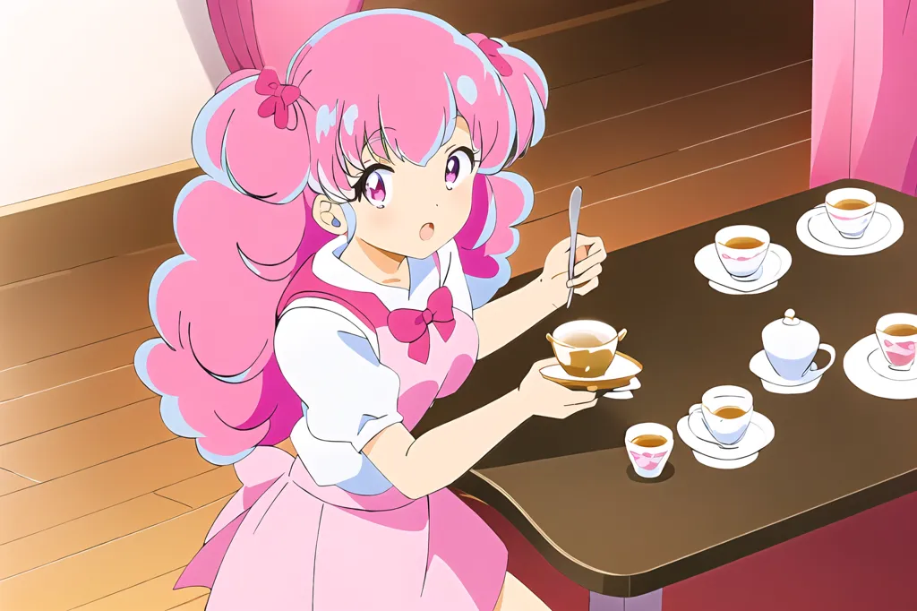 A girl with pink hair and blue eyes is sitting at a table with a pink tablecloth. She is wearing a white apron and a pink dress. She is holding a teacup in her right hand and a spoon in her left hand. She is looking at the teacup. There are many teacups on the table. The background is a wall with a pink curtain.