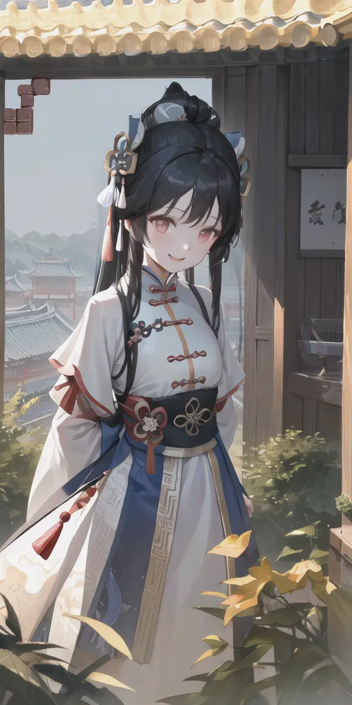 The image shows a young woman standing in a doorway. She is wearing a traditional Chinese dress called a hanfu. The dress is white with blue and red accents. The woman has long black hair and red eyes. She is smiling and holding a flower. The background of the image is a Chinese courtyard with a mountain in the distance.