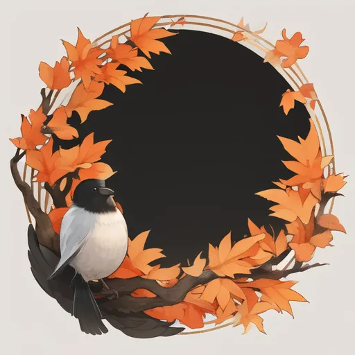 Une peinture à l'aquarelle d'un oiseau perché sur une branche avec des feuilles d'automne. L'oiseau est noir et blanc avec un bec jaune. Les feuilles sont orange, rouges et jaunes. La peinture a un cadre circulaire avec un fond noir.