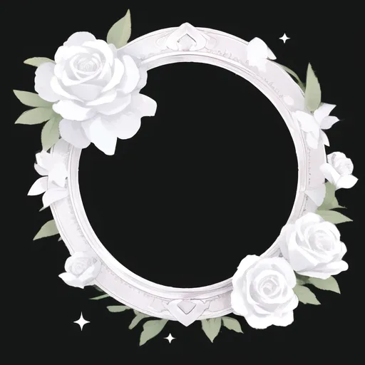 The image is a black background with a white frame in the center. The frame is made of intricate designs and has a circle in the middle. The circle is filled with white roses and green leaves. The roses are of different sizes and are arranged in a circle. The leaves are of different shapes and sizes and are arranged around the roses.