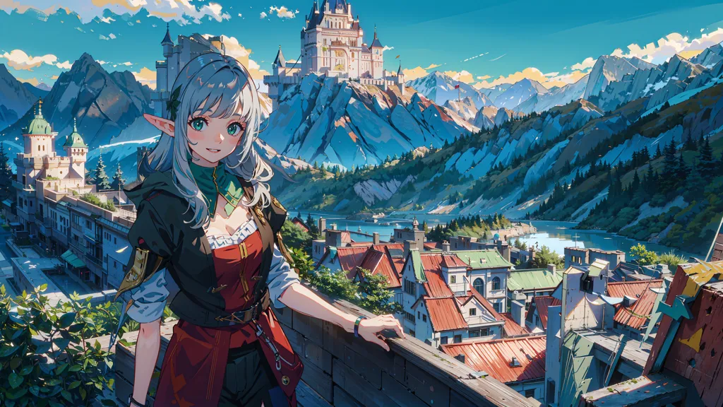 The image is of an anime elf girl with long white hair and green eyes. She is wearing a red and green outfit and is standing on a rooftop in a medieval European-style town. There is a large castle in the background and mountains in the distance. The sky is blue and there are some clouds. The image is very detailed and the colors are vibrant.