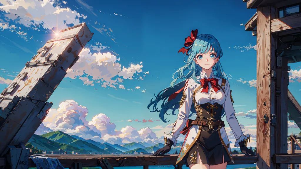 This is an image of a young woman standing on a wooden railing looking out at the ocean. She is wearing a white shirt with a black vest and a red ribbon in her blue hair. The background is a bright blue sky with white clouds and green mountains in the distance.