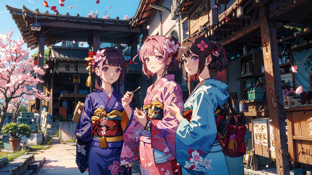 The image is of three anime girls wearing kimonos in a traditional Japanese setting. The girl on the left has purple hair and is wearing a purple and pink kimono. She is holding a book. The girl in the middle has pink hair and is wearing a pink kimono. She is holding a fan. The girl on the right has brown hair and is wearing a blue kimono. She is holding a bag. The background is a street with a traditional Japanese house and a cherry blossom tree.