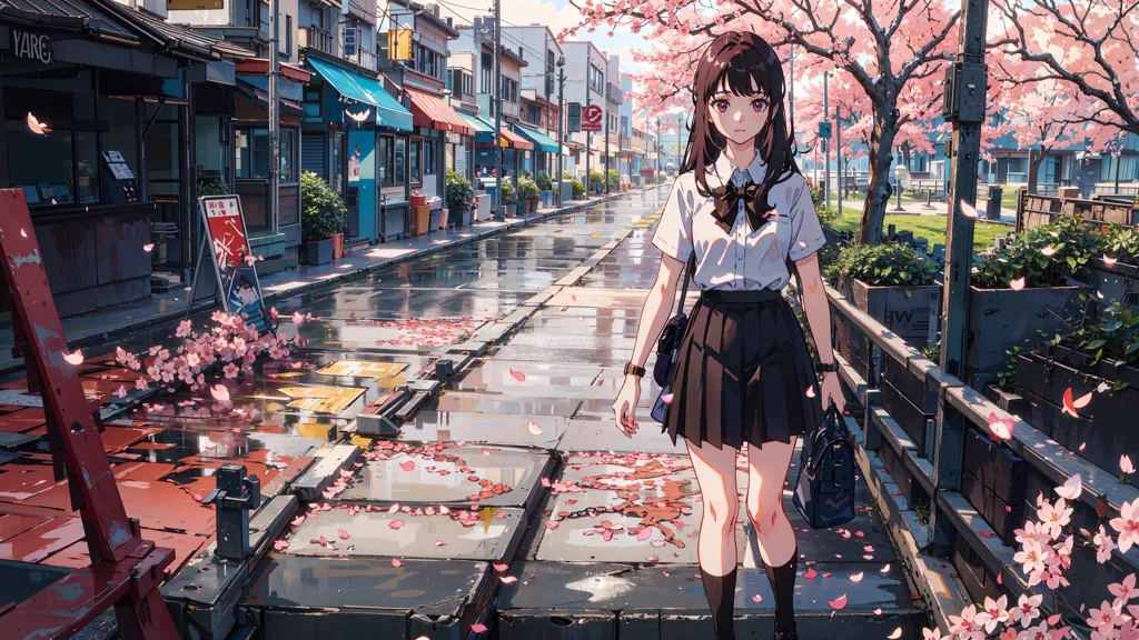 The image is an anime-style drawing of a young girl walking down a street in Japan. The street is lined with shops and restaurants, and there are cherry blossoms falling from the trees. The girl is wearing a school uniform, and she has a bag over her shoulder. She is looking down at the ground as she walks. The image is peaceful and serene, and it captures the beauty of the cherry blossom season in Japan.