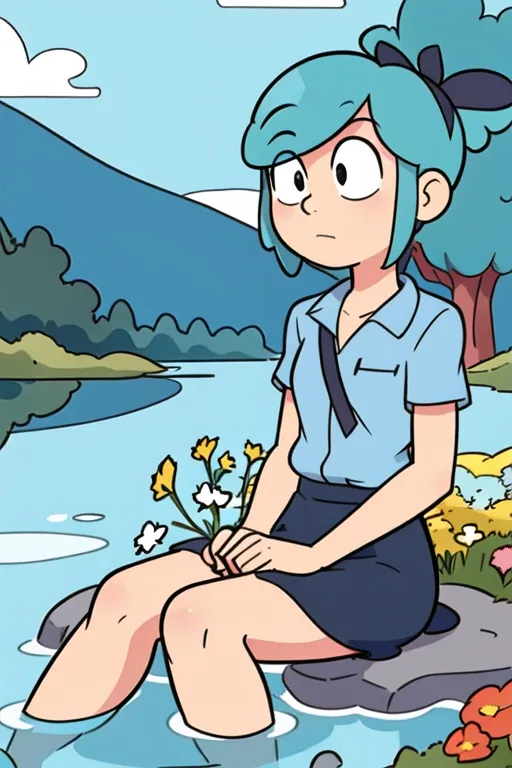 This is an image of a girl sitting on a rock in the middle of a river. The girl is wearing a blue shirt, black tie, and blue skirt. She has light blue hair that is tied back in a ponytail. She is sitting with her feet in the water and is looking at a bouquet of flowers in her hands. There are green hills and mountains in the background. The image has a warm and happy tone to it.