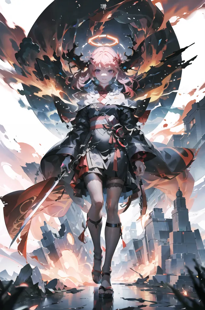 The image is of an anime girl with pink hair and black wings. She is wearing a black kimono with red accents and a white obi. She is also wearing a pair of black boots. The girl is standing in a ruined city, and there are several large buildings in the background. The sky is dark and there are several large explosions happening in the background. The girl is holding a sword in her right hand. The sword is pointed at the ground. The girl has a determined look on her face.