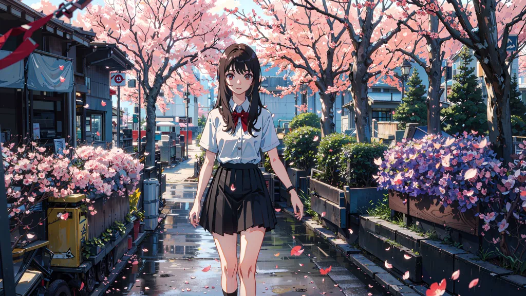 The image is a beautiful anime-style drawing of a young girl walking down a street in Japan. The girl is wearing a white shirt, black skirt, and red bow tie. She has long brown hair and brown eyes. The street is lined with cherry trees, which are in full bloom. The girl is surrounded by pink cherry blossoms. The image is very peaceful and serene.