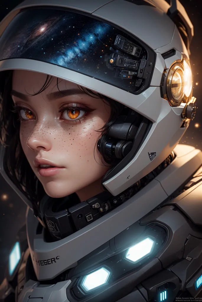 The image is a portrait of a young girl in a spacesuit with her helmet on. The spacesuit is white and gray with blue and yellow lights on the chest. The helmet has a clear visor, and the girl's eyes are visible behind it. She has brown hair and brown eyes, and her face is slightly freckled. The background of the image is a starry night sky.