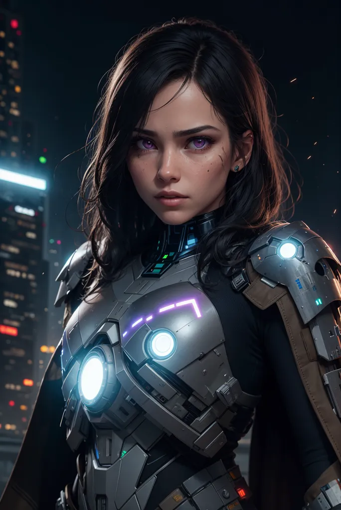 This is an image of a young woman standing in a dark city. She is wearing a futuristic suit of armor that covers her chest, arms, and legs. The armor is black and silver, with purple lights glowing from the chest and shoulders. The woman's hair is dark brown and her eyes are purple. She has a serious expression on her face. The background of the image is a blurred city with tall buildings and bright lights.