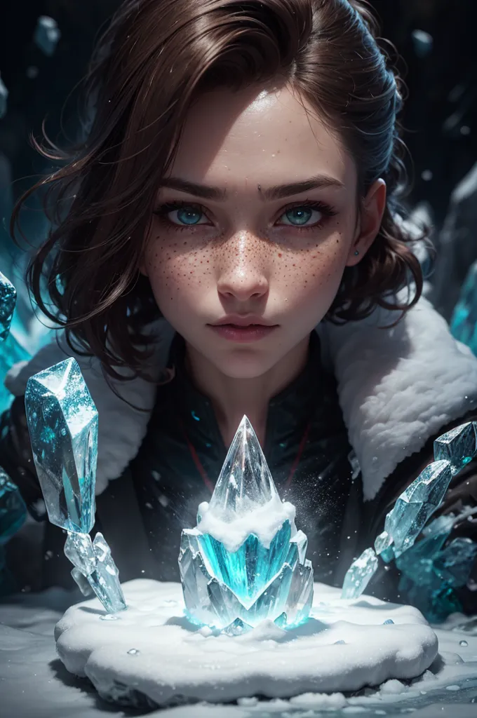 The image is a portrait of a young woman with short brown hair and green eyes. She is wearing a white shirt and a blue jacket with a fur collar. There are several ice crystals floating in the air around her, and she is looking at the viewer with a serious expression. The background is dark blue, and the overall tone of the image is cold and wintery.