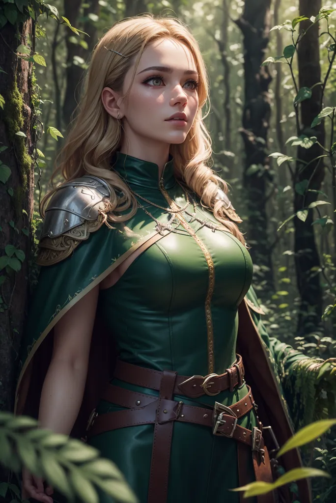 The image shows a beautiful woman with long blonde hair and green eyes. She is wearing a green leather bodice with silver accents and brown leather belts. She also has a green cape and silver shoulder pads. She is standing in a forest, looking to the right of the frame.