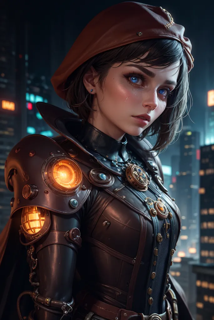 This is an image of a young woman with short dark hair. She is wearing a brown leather hat and a brown leather jacket with lots of buckles and gadgets on it. She is also wearing a white shirt and a brown tie. She has a serious expression on her face, and she is looking at the viewer with her piercing blue eyes. The background of the image is a blurred cityscape at night.