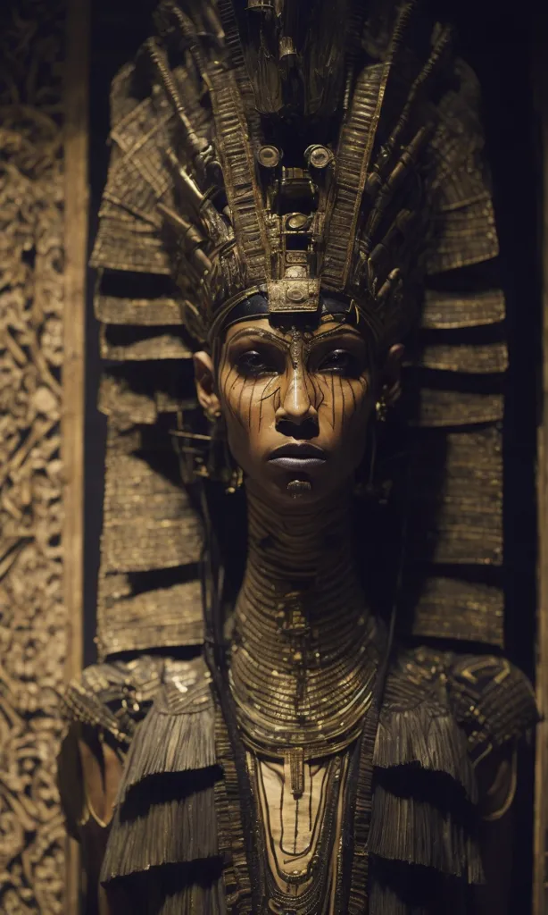 This is an image of a woman wearing an elaborate headdress and jewelry. She appears to be from ancient Egypt, as the style of her clothing and jewelry is similar to that of ancient Egyptian royalty. The woman's skin is dark brown, and her eyes are black. She is wearing a golden headdress that is shaped like a sun, and her jewelry is made of gold and lapis lazuli. The woman's expression is serious and regal. She is standing in front of a dark background, which makes her figure stand out.