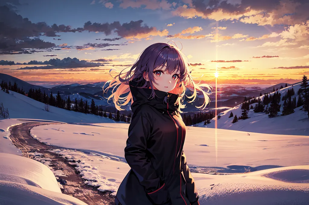 This is an image of a girl standing in a snowy landscape. The girl is wearing a black jacket with red trim and has long purple hair. She is looking at the viewer with a slight smile on her face. The background of the image is a mountain range with the sun setting behind it. The sky is a gradient of orange and purple. The snow is pristine and untouched. The image is very peaceful and serene.