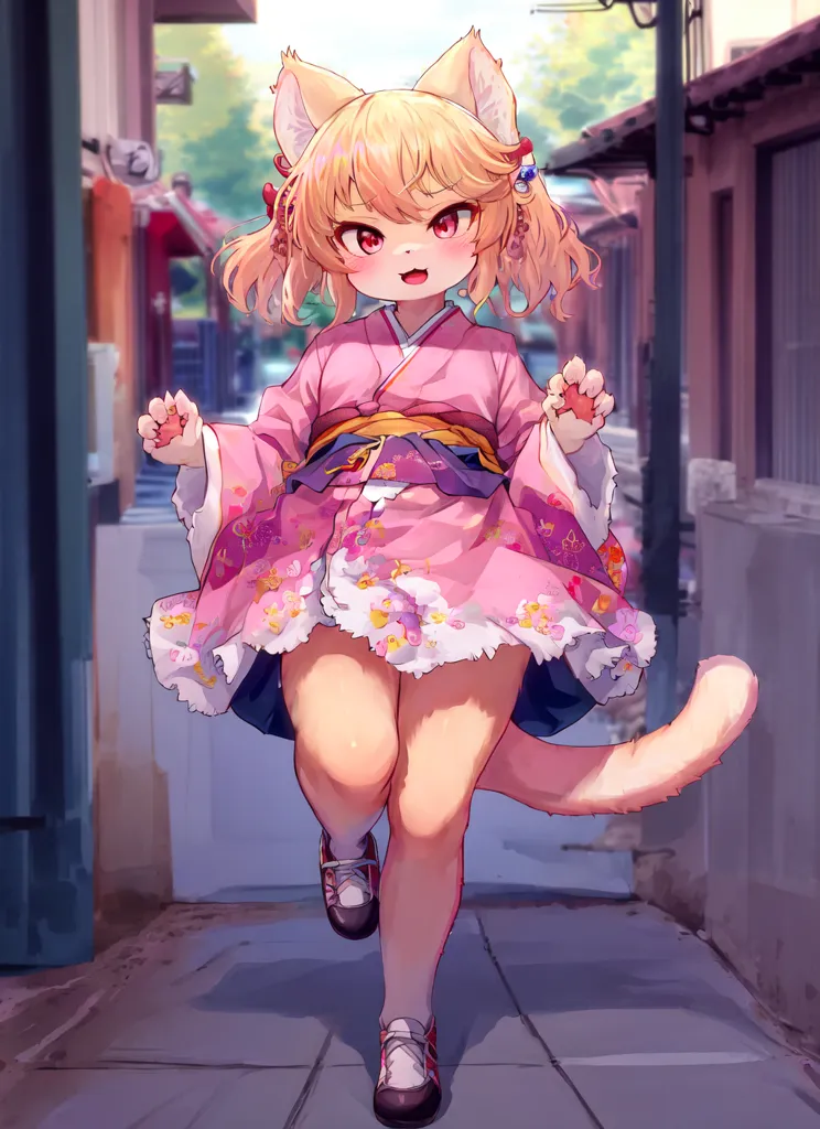 A imagem é uma pintura de uma jovem mulher com orelhas e cauda de gato. Ela está usando um quimono e está caminhando por uma rua em uma cidade tradicional japonesa. A mulher tem longos cabelos loiros e olhos vermelhos. Ela está sorrindo e tem os braços estendidos. Ela está usando um quimono rosa com um obi branco. O quimono é decorado com padrões florais. Ela também está usando meias brancas e tênis pretos. A rua é ladeada por casas e lojas tradicionais japonesas. A pintura é feita em um estilo realista e as cores são vibrantes e realistas.