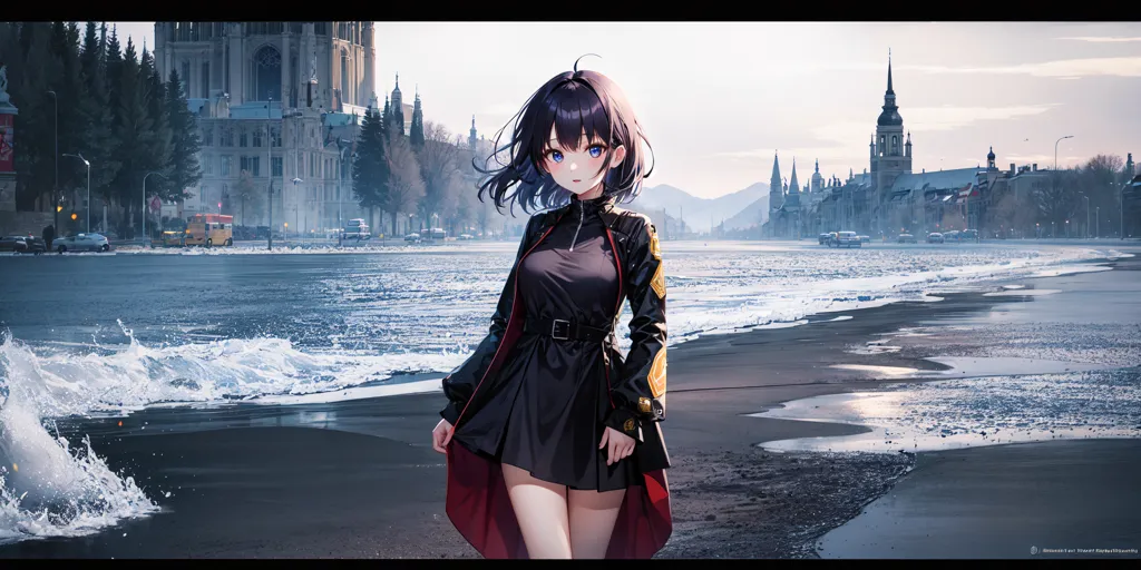 The image is a painting of a young woman standing on a frozen lake. She is wearing a black dress with a red sash and a black jacket. She has long black hair and blue eyes. The background is a cityscape with snow-covered buildings and trees. The sky is blue and there are some clouds in the distance. The painting is done in a realistic style and the colors are vibrant and lifelike.