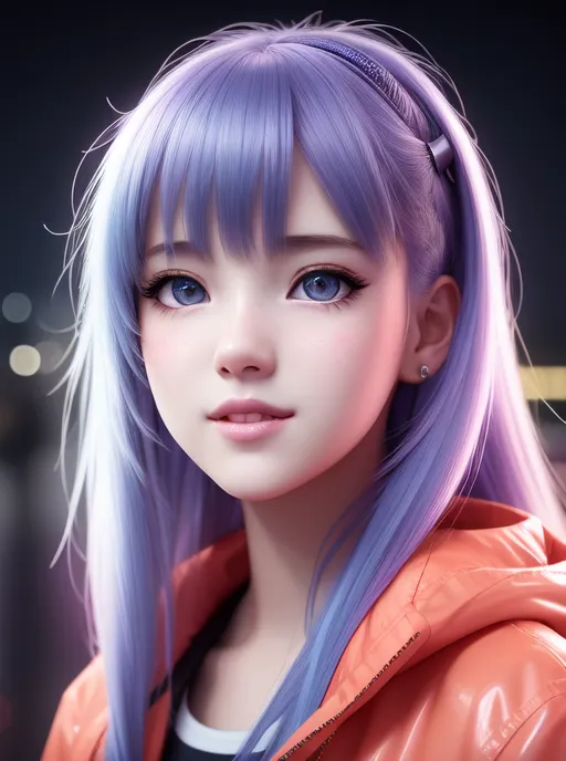 This is an image of a young woman with purple hair and blue eyes. She is wearing an orange jacket and a white shirt. The background is blurred.