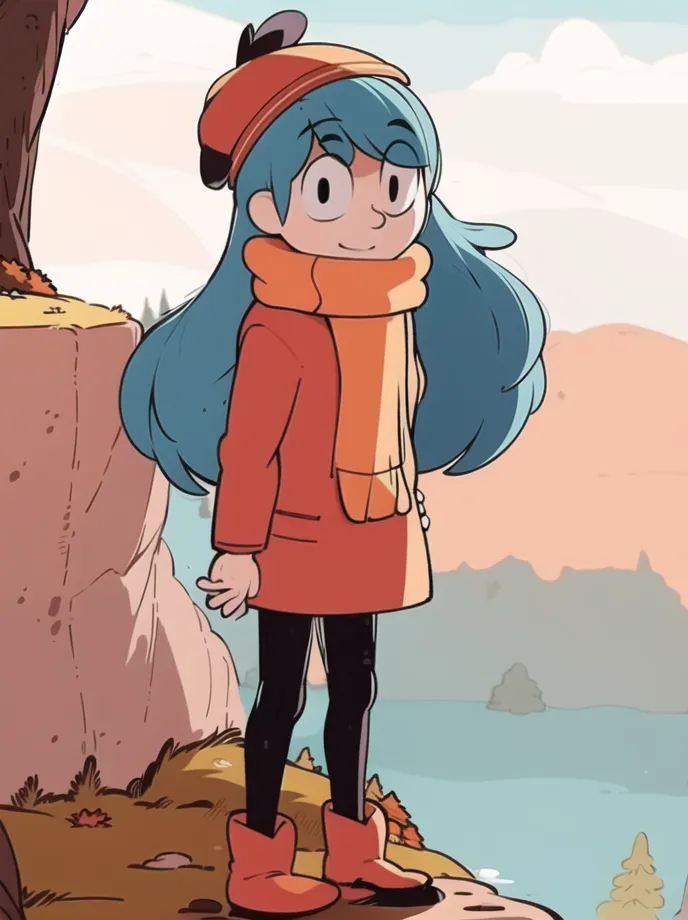 Esta es una imagen de un personaje de dibujos animados llamado Hilda. Ella está de pie en un acantilado que domina un lago. Lleva un abrigo rojo, una bufanda amarilla y un sombrero azul. Tiene el pelo largo y azul, y ojos marrones. Está sonriendo y parece feliz.