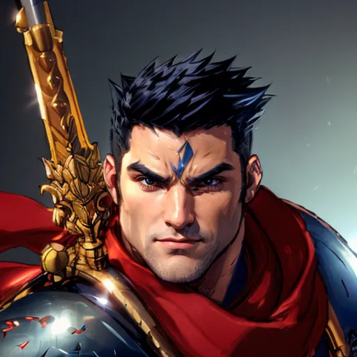 This is a picture of a man with dark hair and blue eyes. He is wearing a red scarf and a grey shirt. He has a sword on his back and looks like he is ready to fight.