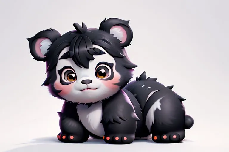 The image is a 3D rendering of a cartoon animal. It has the body of a panda, with black and white fur, and a large head with big, round eyes and a small, black nose. The animal is sitting on its haunches with its paws in front of it, and it has a curious expression on its face. The background is a simple white, which makes the animal stand out. The animal is cute and cuddly, and it looks like it would be a lot of fun to play with.