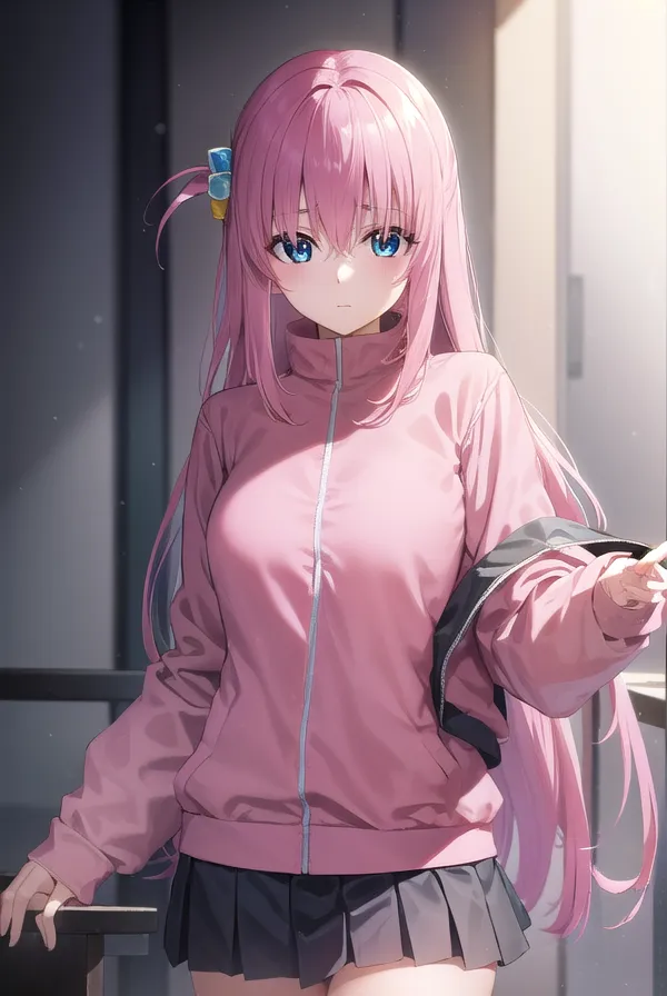 The image shows an anime girl with pink hair and blue eyes. She is wearing a pink tracksuit. The girl is standing in a room, and she seems to be looking at something.