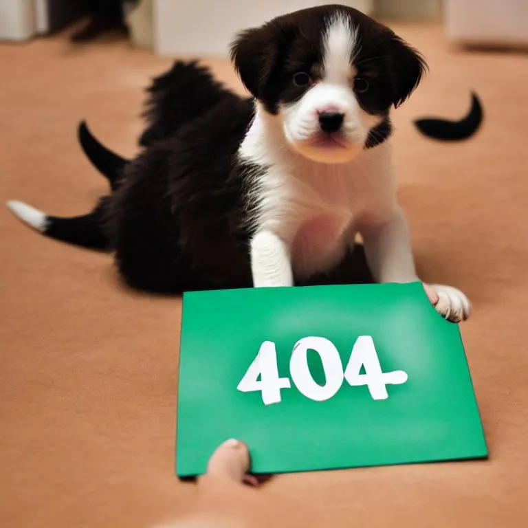 A cute puppy is holding a green card with the text "404" on it. The puppy is sitting on a brown carpet and looking up at the camera. The puppy is black and white with a white belly and paws. It has a black nose and brown eyes. The card is green with white text. The puppy is holding the card with its paw.