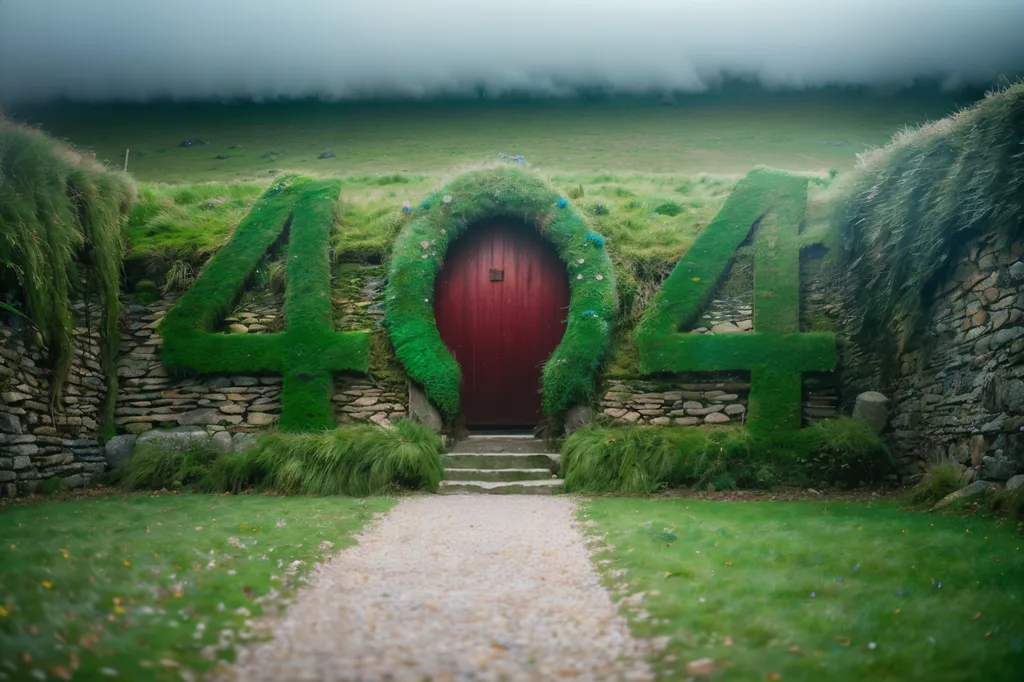 This is an image of a hobbit hole. It has a round red door with a wreath on it. The door is made of wood and has a brass doorknob. The hobbit hole is surrounded by a low stone wall with overgrown grass on top. There is a path leading up to the hobbit hole. The path is made of dirt and has grass growing on either side. The background is a green hill with a foggy sky.