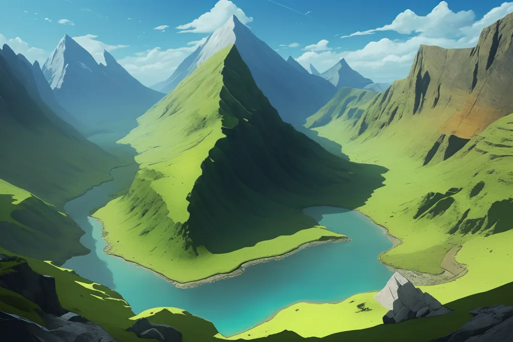 The image is of a mountain valley. There is a large, snow-capped mountain in the distance, and a river running through the valley. The mountains are green and the sky is blue. There are some clouds in the sky.