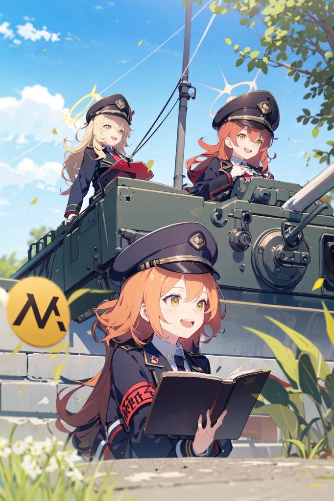 Three anime girls in military uniforms are posing on a tank. The girl in the foreground is reading a book. The girl in the middle is standing on the tank and looking at the viewer. The girl in the background is sitting on the tank and holding a gun.