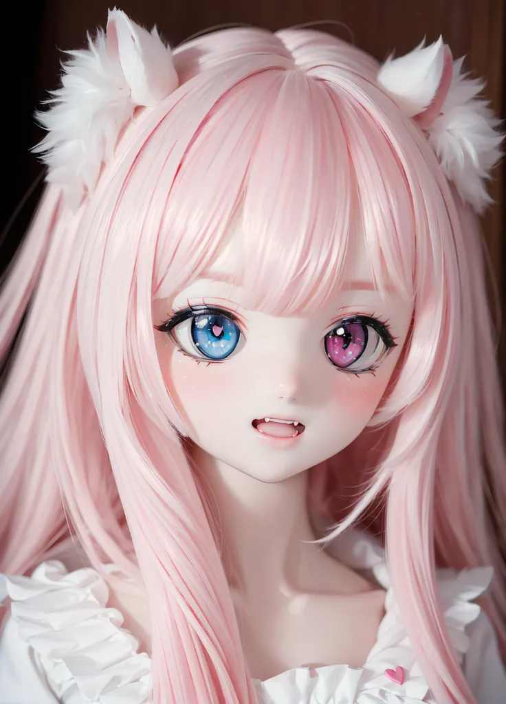 The image shows a doll with pink hair and blue and pink eyes. She is wearing a white dress with a pink bow. Her mouth is slightly open, and she has a small smile on her face. She is also wearing cat ears.