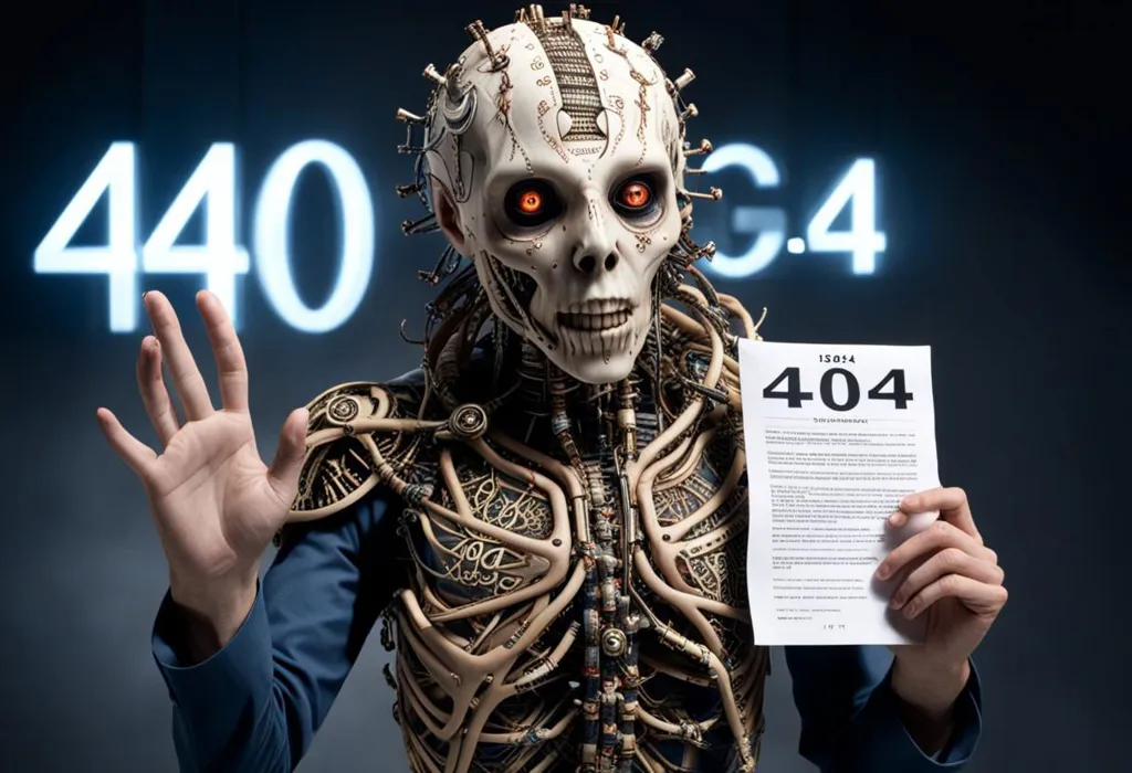 The image depicts a humanoid robot with a skull-like face and glowing red eyes. It is dressed in a suit and tie, and is holding a sign that says \