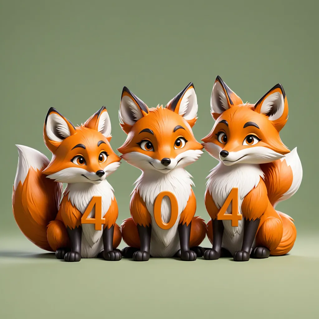 The image shows three cartoon foxes sitting side by side against a pale green background. The foxes are all the same size and shade of orange, with white bellies and paws. They have large, pointed ears and bushy tails. The middle fox has the number \