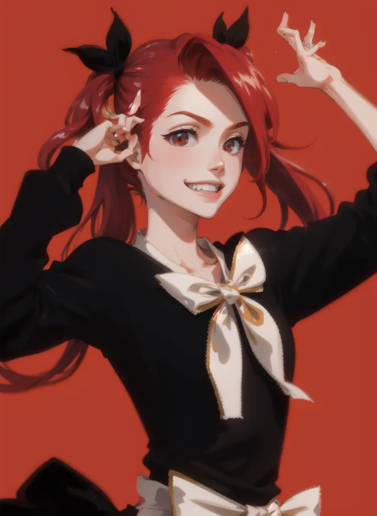 This is an image of a young woman with long red hair and red eyes. She is wearing a black dress with a white collar and a white apron. She has a big smile on her face and is holding her hair up with her hands. She is standing against a solid red background.