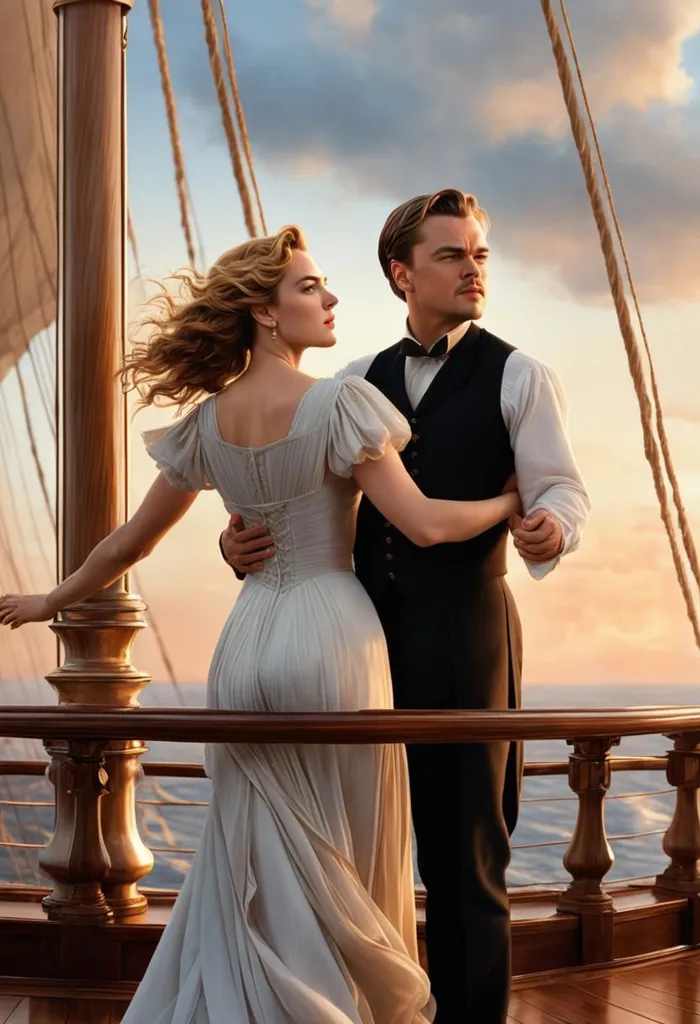 A man and a woman are standing on the deck of a ship. The woman is wearing a white dress and the man is wearing a black suit. The woman has her hand on the man's shoulder and they are looking at each other. The sun is setting in the background.